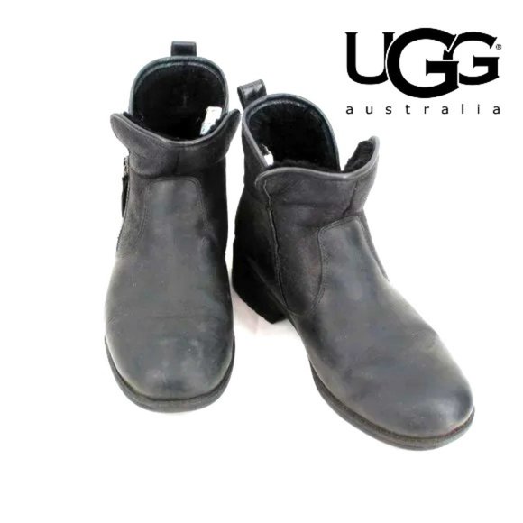 UGG Shoes - UGG LaVelle Black Ankle Boots Zip Sheepskin Water-Resistant Greasy Leather Biker